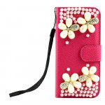 Wholesale iPhone 5 5S Crystal Flip Leather Wallet Case with Stand Strap (Four Flower Pink)